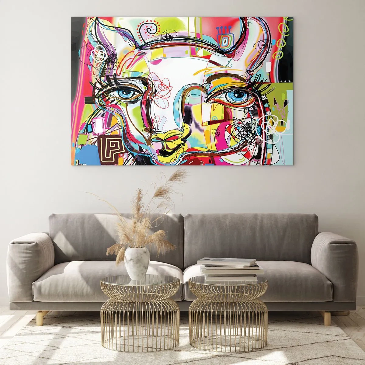 Schilderen op glas - Abstract beeld van een kattengezicht in kleurrijke artistieke expressie - 70x50cm - De rijkdom van het middelbare schooldiploma van de kat - Moderne wanddecoratie voor woonkamer en slaapkamer ARTTOR