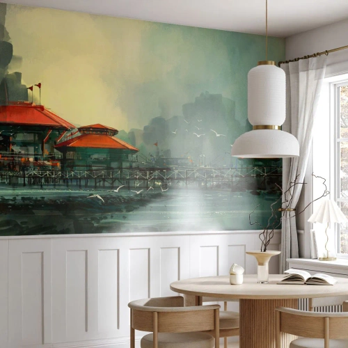 Zelfklevend Fotobehang Deluxe Sticker - Een zonnige dag in de haven - Havenstad, Architectuur, Zee - 450x315 cm