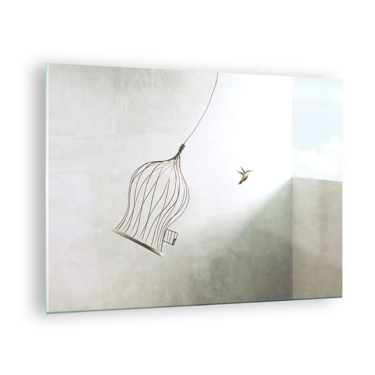 Schilderen op glas - Een open kooi en een kolibrie die in het daglicht wegvliegt - 70x50cm - In je element - Moderne wanddecoratie voor woonkamer en slaapkamer ARTTOR