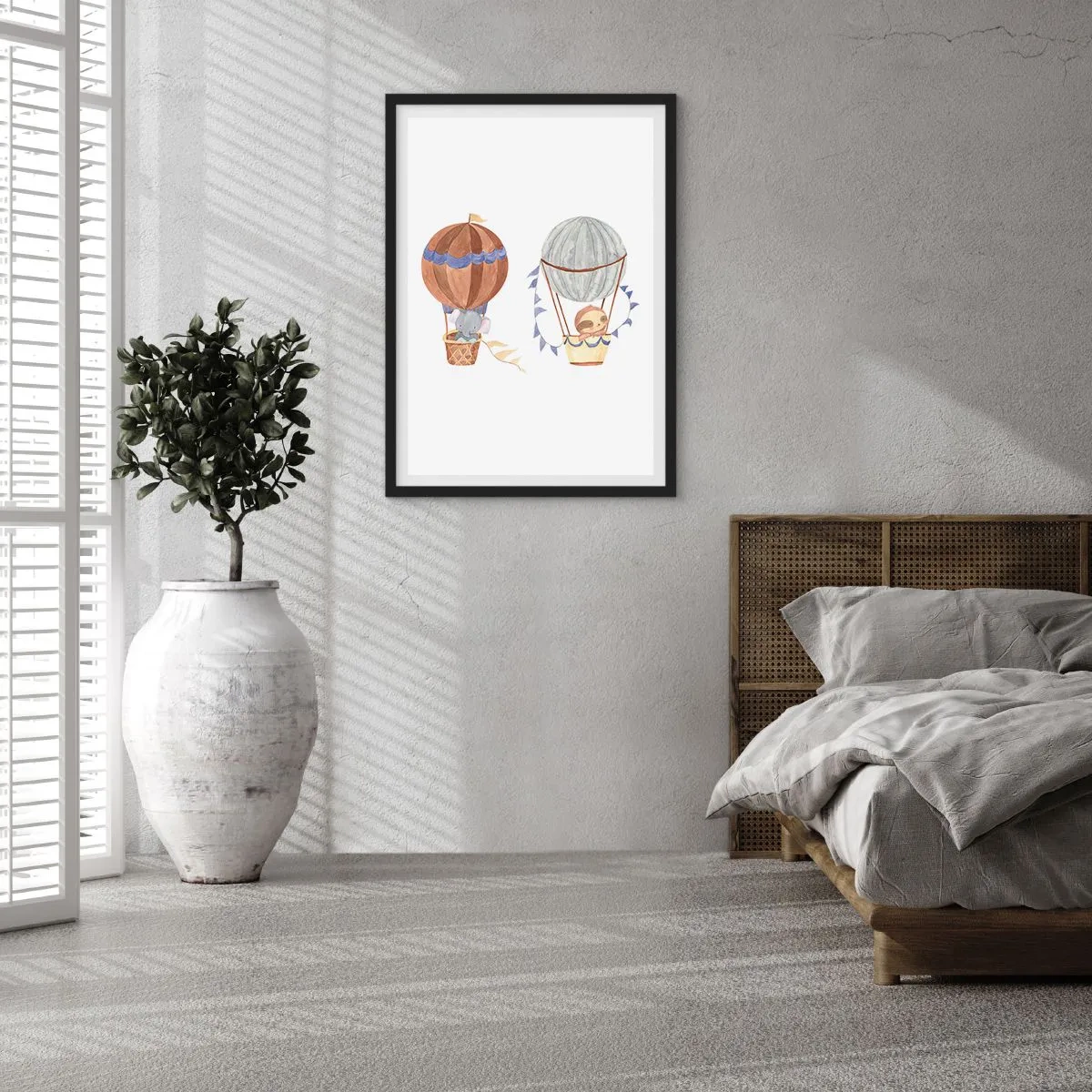 Poster in een zwarte lijst - Schattige dieren in ballonnen op een witte achtergrond in aquarelstijl - 50x70cm - Vrienden onderweg - Moderne wanddecoratie voor woonkamer en slaapkamer ARTTOR