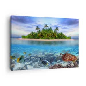 Schilderen op canvas - Een tropisch eiland omgeven door een turquoise oceaan met koraalrif en vissen. - 70x50cm - Hemels eiland nodigt je uit - Moderne wanddecoratie voor woonkamer en slaapkamer ARTTOR
