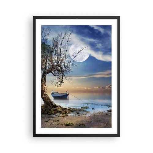 Poster in een zwarte lijst - Landschap met een boot, een boom en de maan tegen een achtergrond van kalm water - 50x70cm - Is dit het einde of het begin? - Moderne wanddecoratie voor woonkamer en slaapkamer ARTTOR