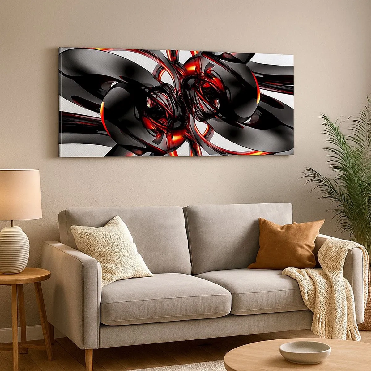 Schilderen op canvas - Beweging in grafiet en rood - 100x40 cm