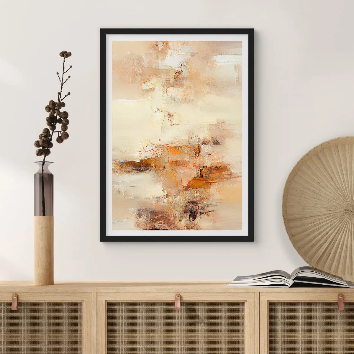 Poster in een zwarte lijst - Een abstracte compositie in warme tinten beige en goud. - 50x70cm - Ziel van Amber - Moderne wanddecoratie voor woonkamer en slaapkamer ARTTOR
