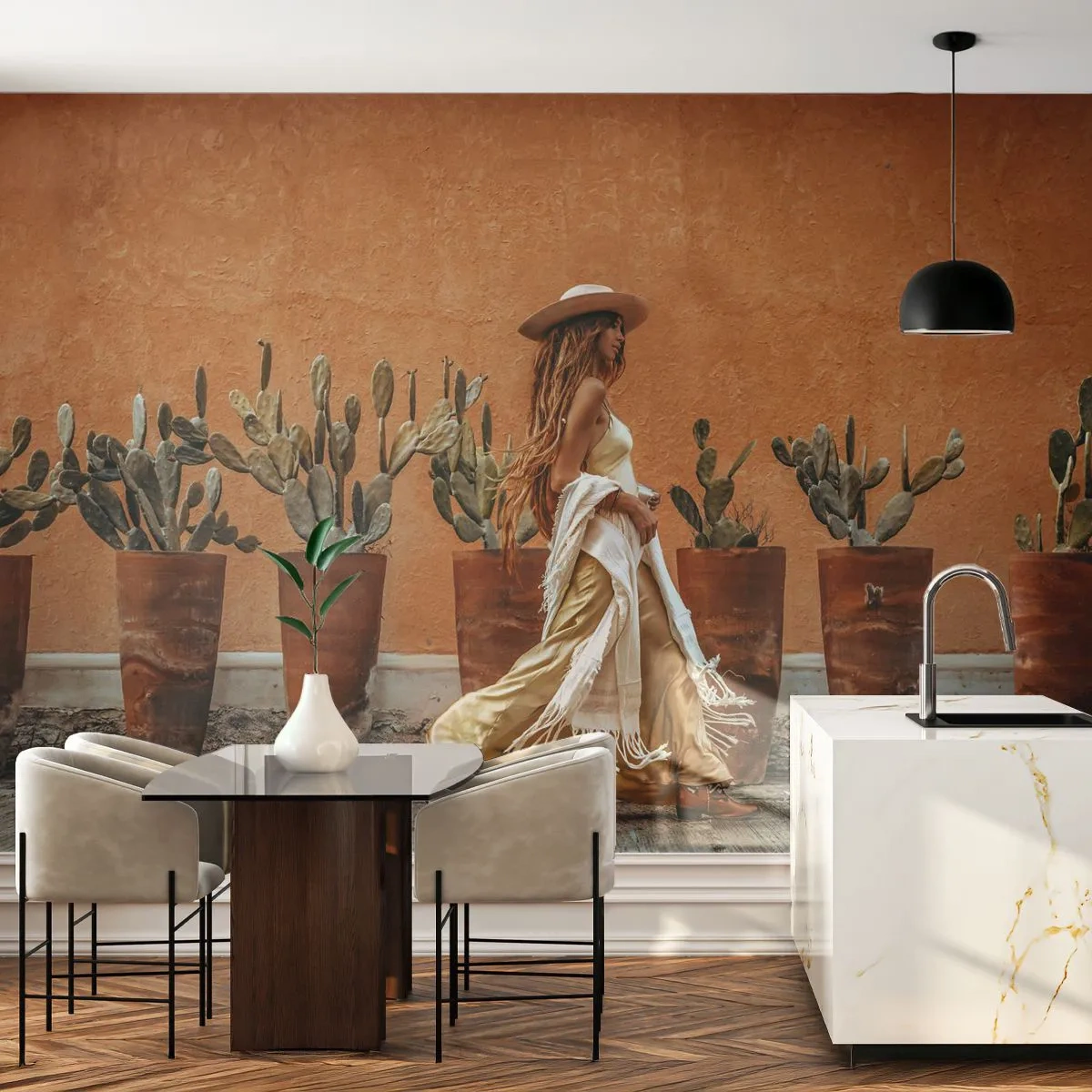 Fotobehang Standard Eco - Hippie-stijl - Boho, Vrouw, Cactussen - 400x280 cm