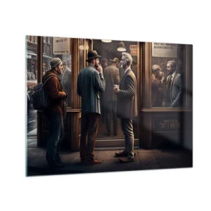 Schilderen op glas - Mannen kletsen buiten een café in een retro-stedelijke omgeving - 70x50cm - Een goed moment van de dag - Moderne wanddecoratie voor woonkamer en slaapkamer ARTTOR