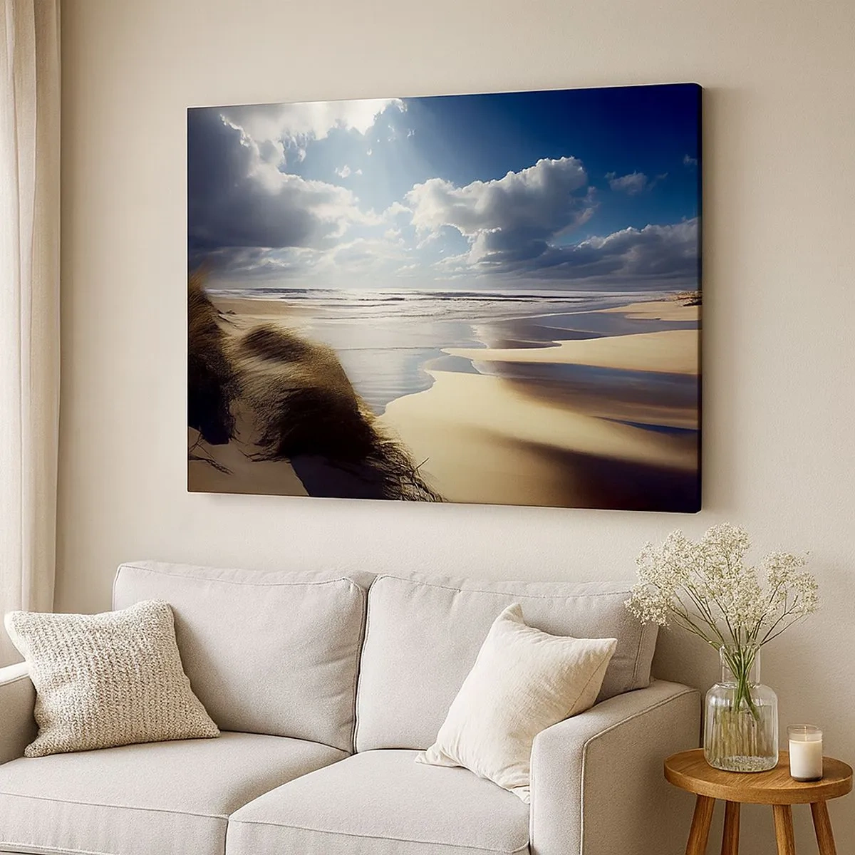 Schilderen op canvas - Een wild strand met duinen en blauwe luchten - 70x50cm - Strand, wild strand - Moderne wanddecoratie voor woonkamer en slaapkamer ARTTOR