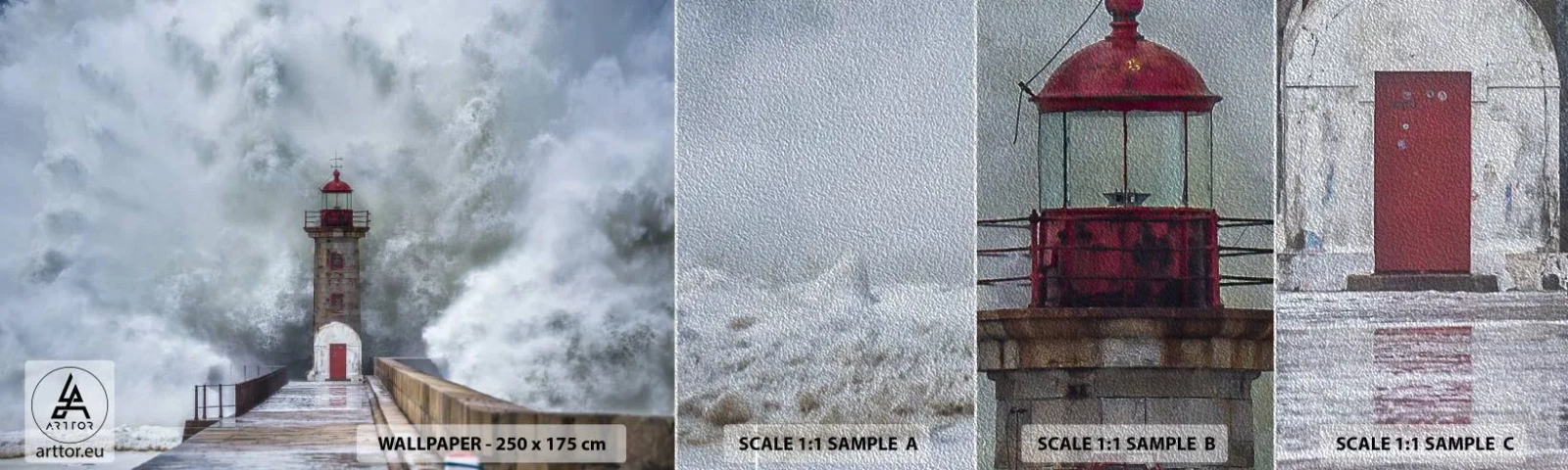 Fotobehang Monster Premium Sand - Het gebrul van het water, het geluid zal blazen - Vuurtoren, Landschap, Oceaan - 100x30 cm