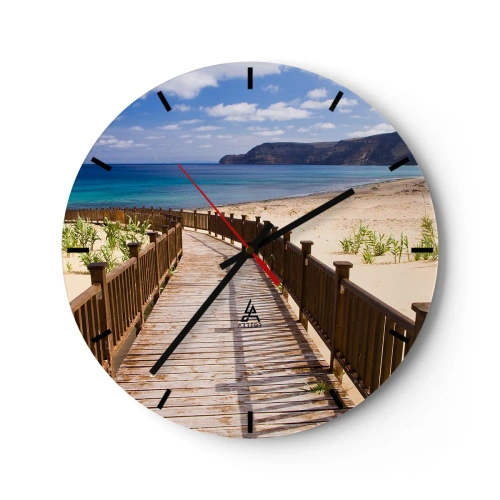 Wandklok - Klok - Een houten loopbrug die naar het strand aan de blauwe zee leidt - 30x30cm - Neem me mee naar de gelukkige eilanden - Moderne wanddecoratie voor woonkamer, keuken en slaapkamer ARTTOR