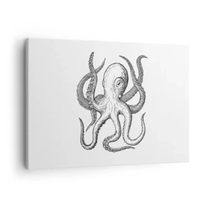 Schilderen op canvas - Zwart-wit tekening van een octopus op een witte achtergrond in vintage stijl - 70x50cm - Dansend met de golven - Moderne wanddecoratie voor woonkamer en slaapkamer ARTTOR