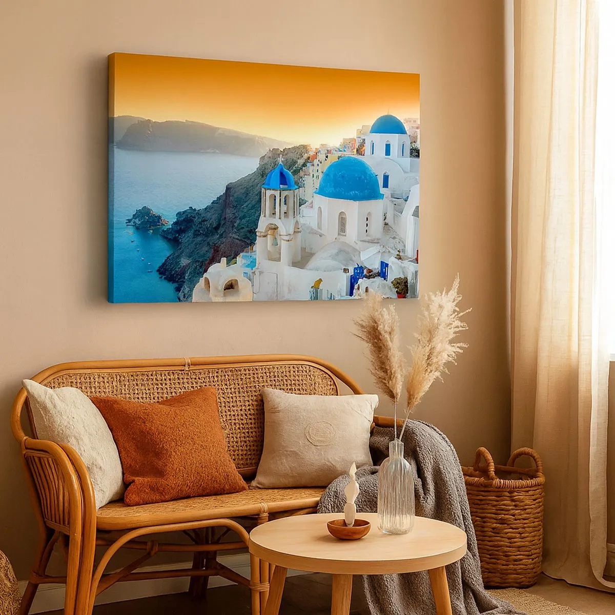 Schilderen op canvas - Uitzicht op Santorini met witte gebouwen en blauwe zee - 70x50cm - Santorini - genesteld tegen de rotsen - Moderne wanddecoratie voor woonkamer en slaapkamer ARTTOR