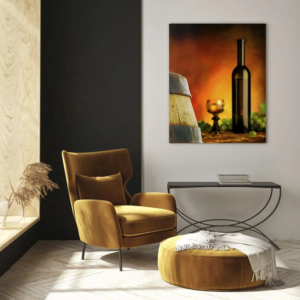 Schilderen op glas - Stilleven met een fles wijn en een tros druiven - 50x70 cm