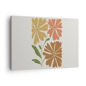 Schilderen op canvas - Drie bloemen in warme kleuren op een lichte achtergrond - 70x50cm - Natuur en geometrie - Moderne wanddecoratie voor woonkamer en slaapkamer ARTTOR