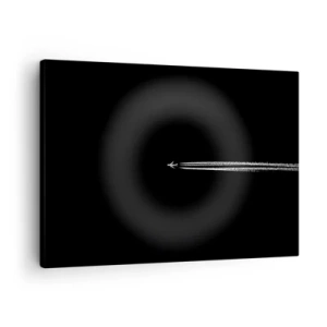 Schilderen op canvas - Een straalvliegtuig met een zichtbare condensatiestreep op een zwarte achtergrond - 70x50cm - Naar een andere dimensie - Moderne wanddecoratie voor woonkamer en slaapkamer ARTTOR