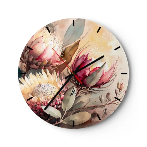 Wandklok - Klok - Artistieke proteabloemen op een lichte achtergrond - 30x30cm - In profiel en en face - Moderne wanddecoratie voor woonkamer, keuken en slaapkamer ARTTOR
