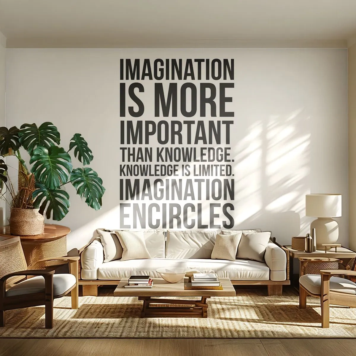 Fotobehang Premium Sand - Einstein over de kracht van verbeelding - Typografie, Bevestiging, Maxim - 100x70 cm