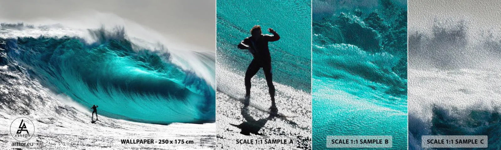 Fotobehang Monster Premium Sand - Uitdaging aanvaard - Surfen, Hoge golf, Surfer - 100x30 cm