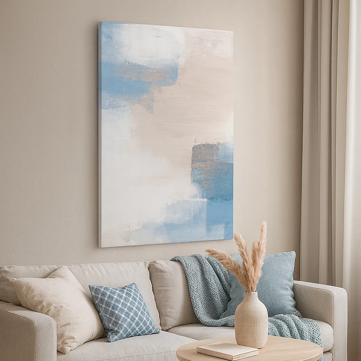 Schilderen op canvas - Roze abstractie achter een blauw gordijn - 50x70 cm