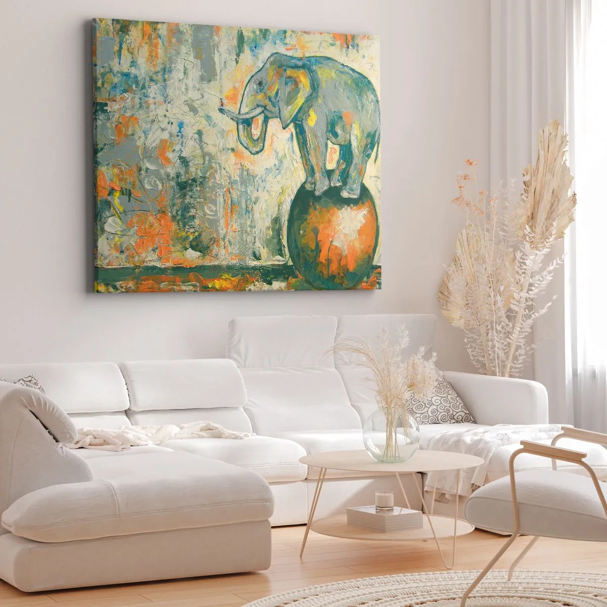 Schilderen op canvas - Een olifant die op een bal balanceert in een artistieke stijl - 70x50cm - Lang leve het circus! - Moderne wanddecoratie voor woonkamer en slaapkamer ARTTOR