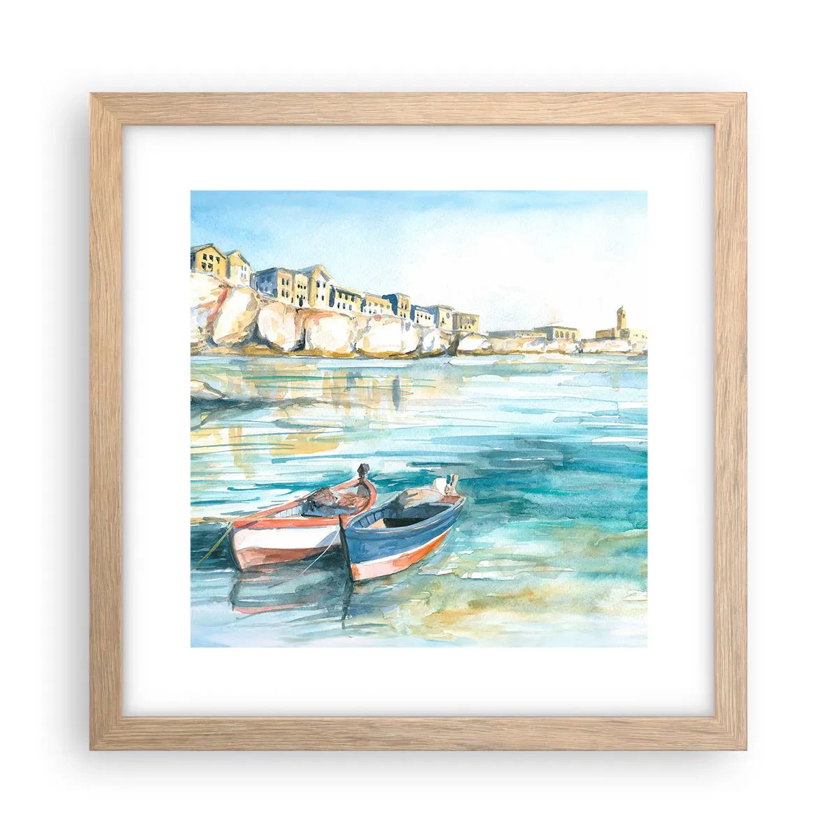 Een poster in een licht eiken lijst - Azuurblauw landschap - 30x30 cm