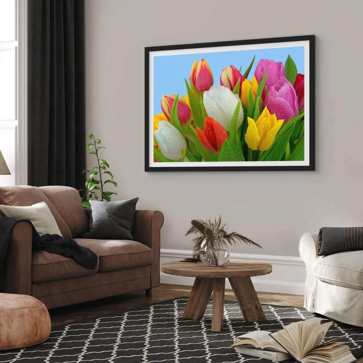 Poster in een zwarte lijst - Een bloemenregenboog in dauwdruppels - 100x70 cm