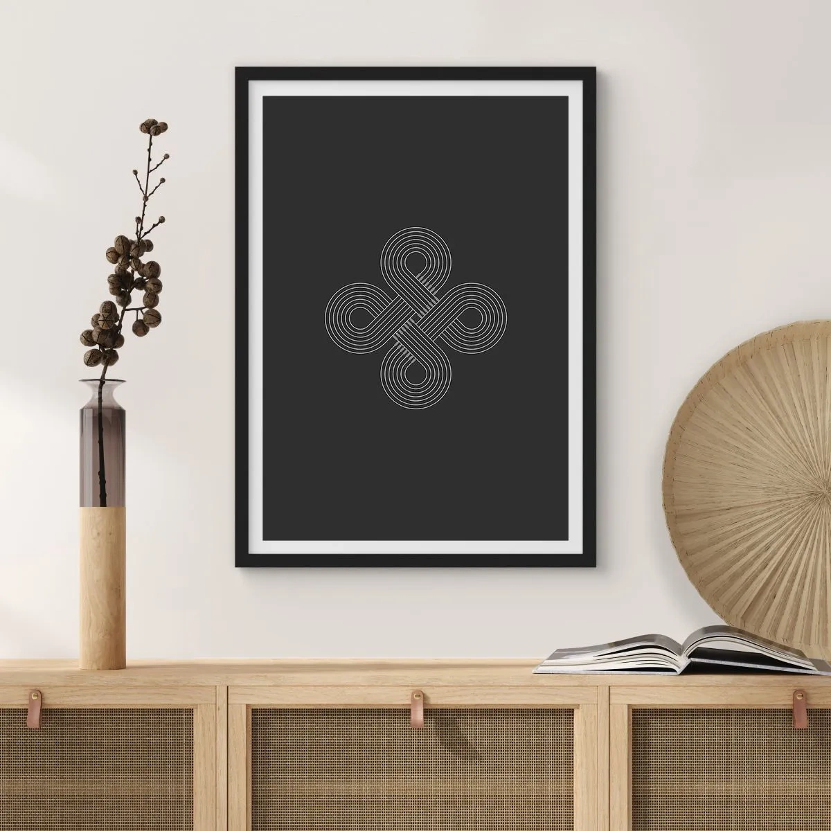 Poster in een zwarte lijst - Geometrisch symbool op een zwarte achtergrond - 50x70cm - In de Keltische geest - Moderne wanddecoratie voor woonkamer en slaapkamer ARTTOR