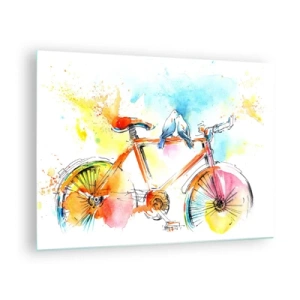 Schilderen op glas - Een kleurrijke fiets met vogels op het stuur - 70x50cm - Fietsen voor twee - Moderne wanddecoratie voor woonkamer en slaapkamer ARTTOR