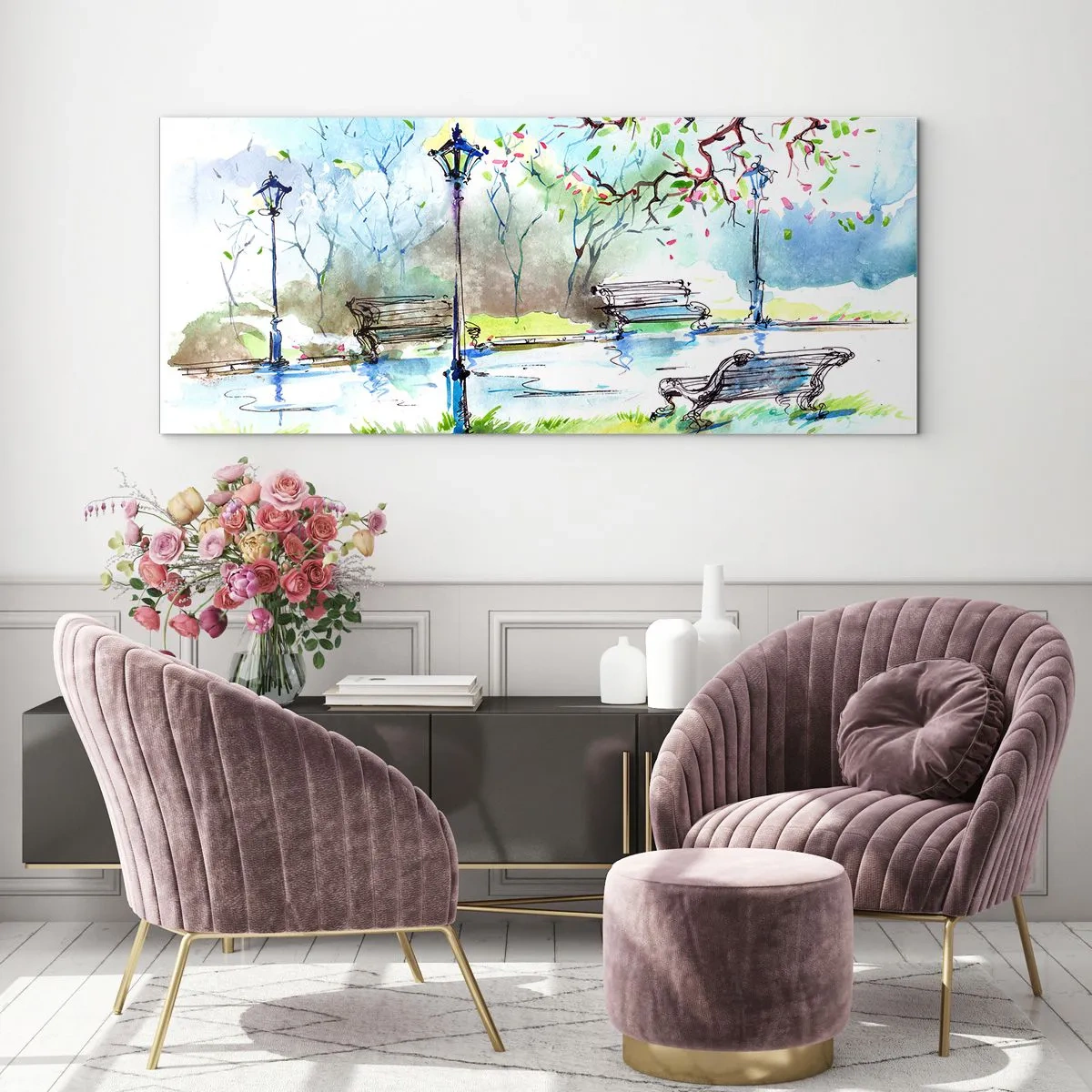 Schilderen op glas - De charme van de stilte van het park - 100x40 cm