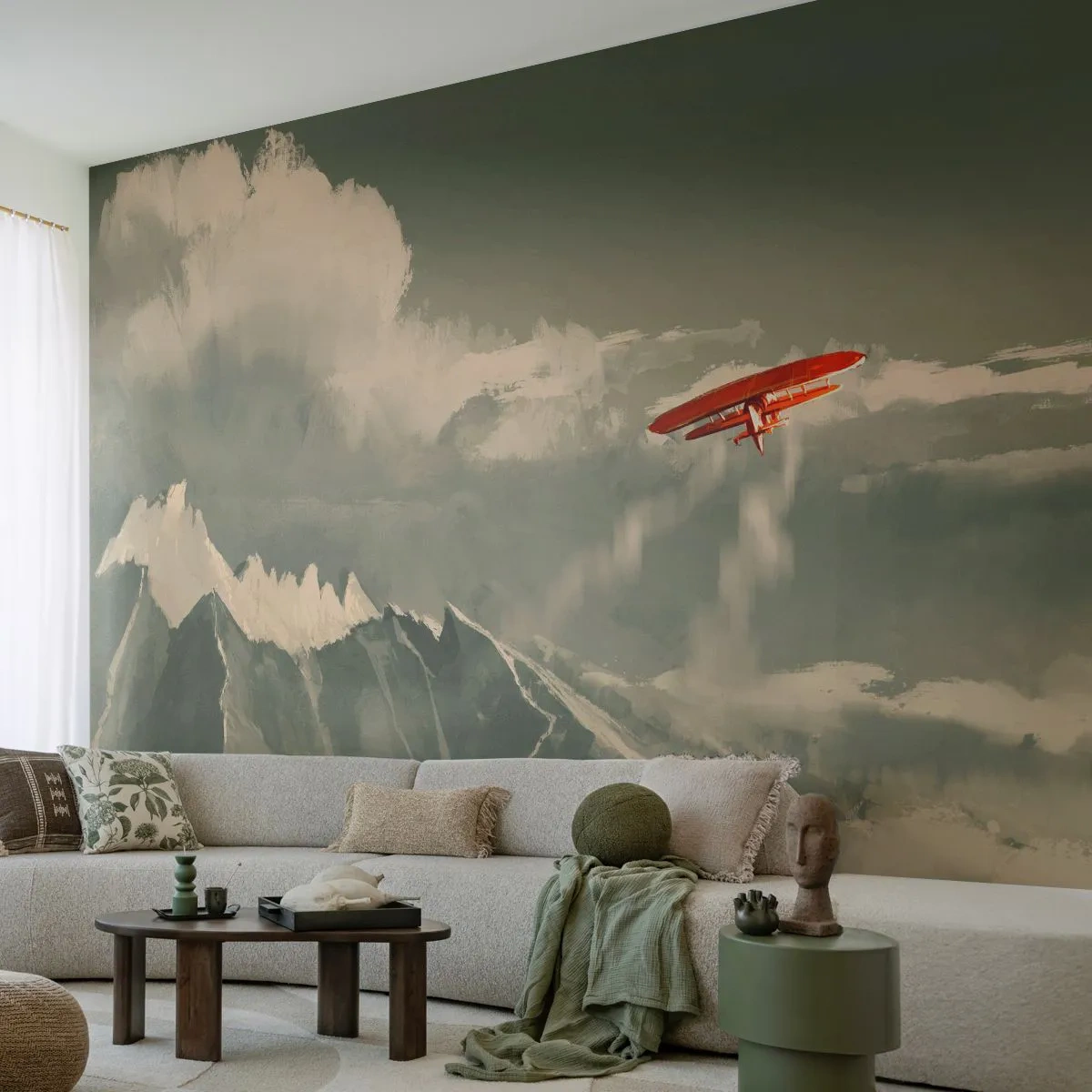 Fotobehang Standard Eco - Onverschrokken pionier - Abstractie, Vliegtuig, Berglandschap - 300x210 cm