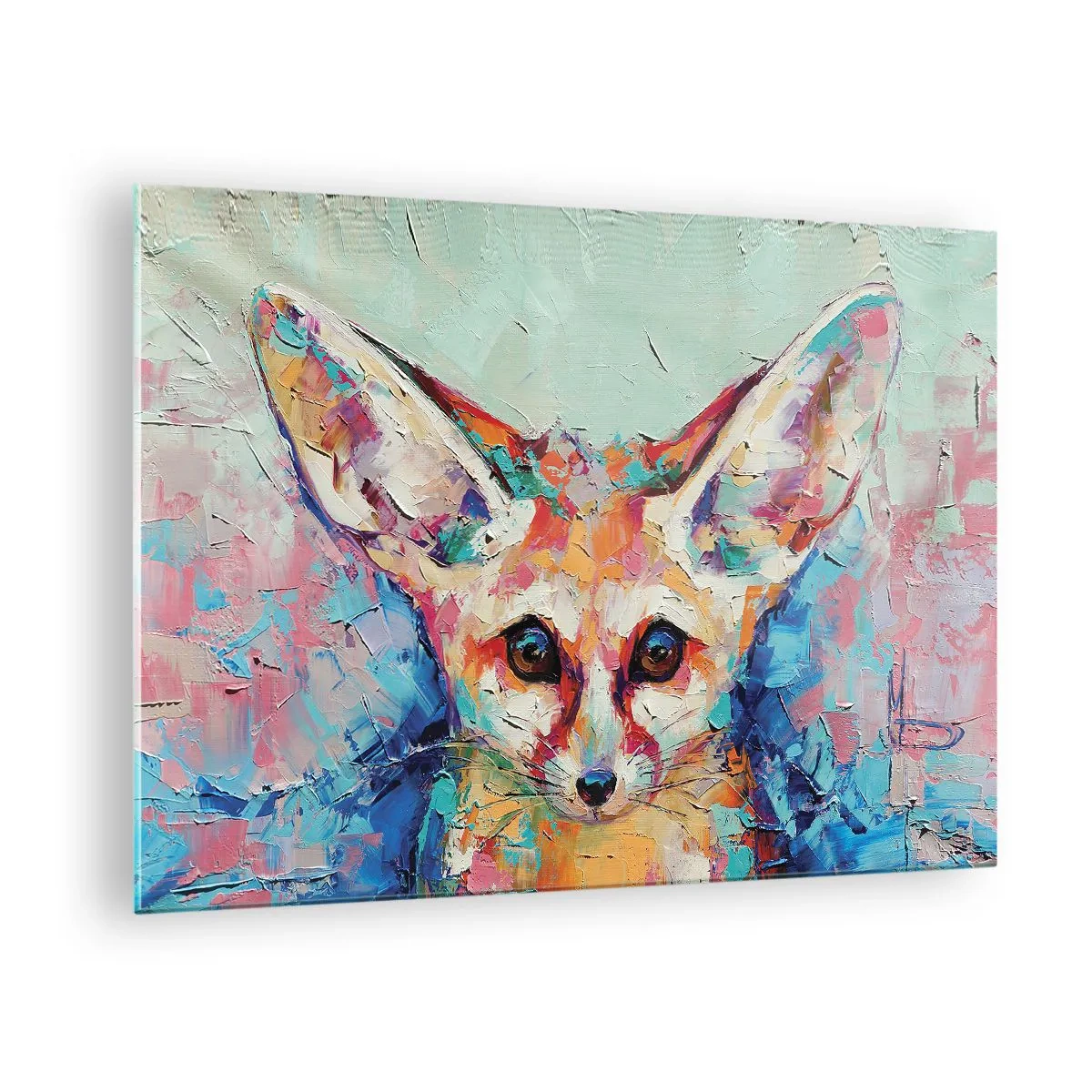 Schilderen op glas - Kleurrijk portret van een vos met expressieve ogen en gewaagde penseelstreken - 70x50cm - Ben je klaar voor mij? - Moderne wanddecoratie voor woonkamer en slaapkamer ARTTOR