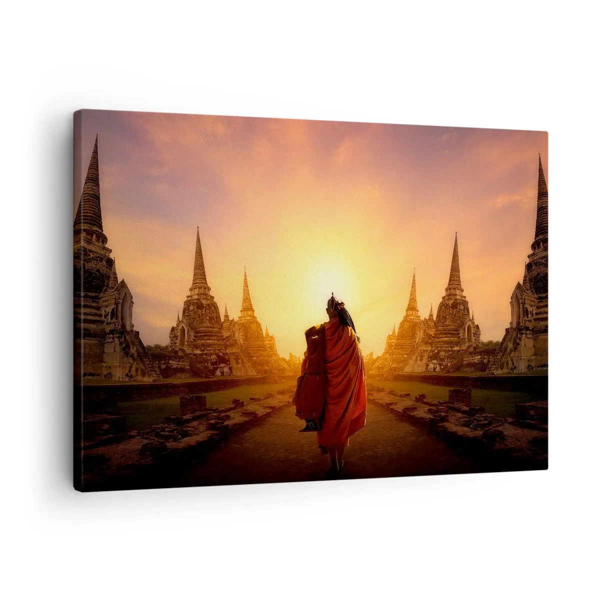 Schilderen op canvas - Een monnik tussen de tempels bij zonsondergang - 70x50cm - In vrede voor de eeuwigheid - Moderne wanddecoratie voor woonkamer en slaapkamer ARTTOR