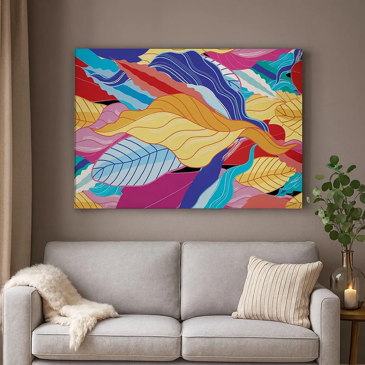 Schilderen op canvas - Levendig gekleurde bladeren creëren een dynamische compositie - 70x50cm - Een kleurrijke puinhoop - Moderne wanddecoratie voor woonkamer en slaapkamer ARTTOR