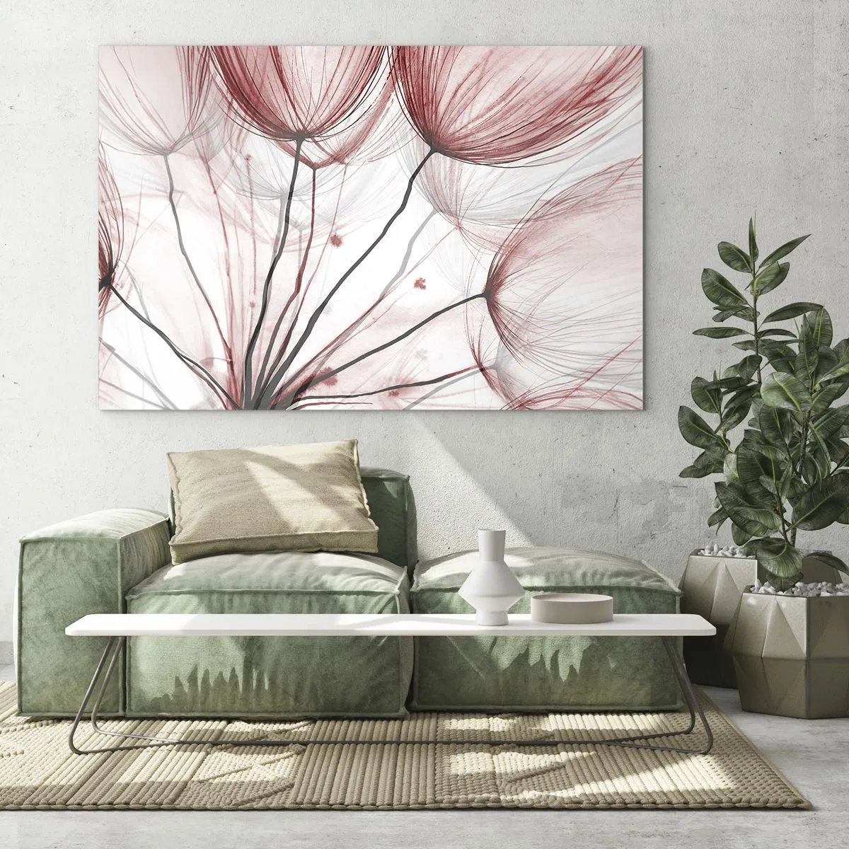 Schilderen op glas - Subtiele paardenbloemen in tinten roze en zwart - 70x50cm - Vóór het vertrek - Moderne wanddecoratie voor woonkamer en slaapkamer ARTTOR