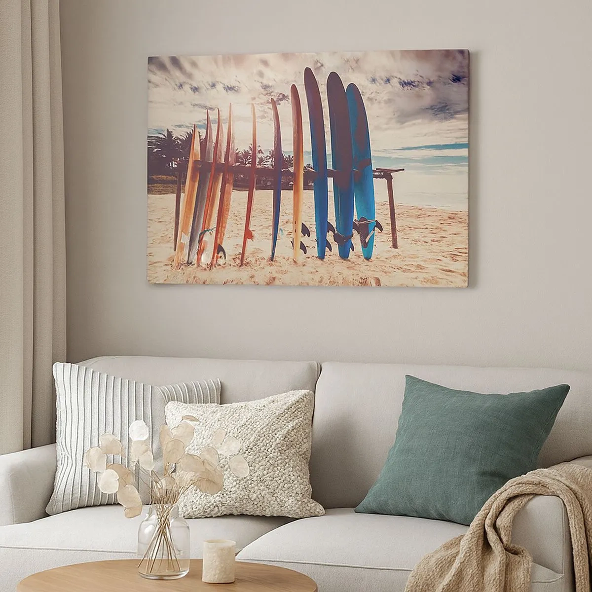 Schilderen op canvas - Surfplanken op het strand bij zonsondergang - 70x50cm - Weltrusten, zie je morgen - Moderne wanddecoratie voor woonkamer en slaapkamer ARTTOR