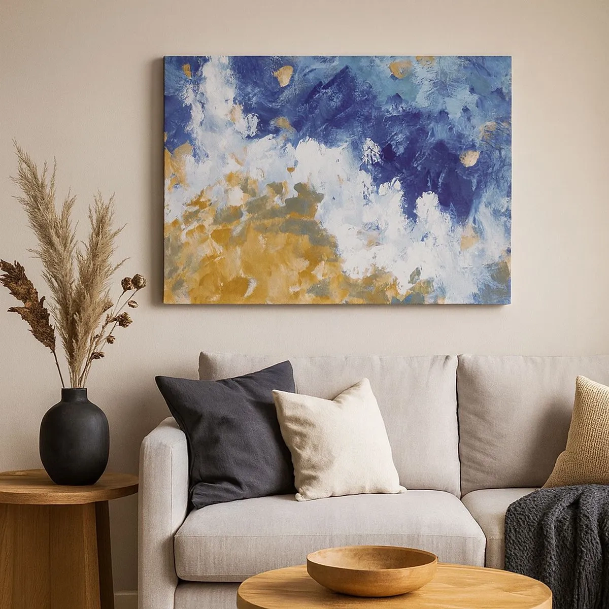 Schilderen op canvas - Abstractie in tinten blauw, wit en goud - 70x50cm - Dans der Elementen - Moderne wanddecoratie voor woonkamer en slaapkamer ARTTOR
