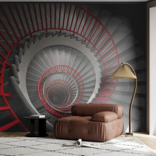 Fotobehang Standard Eco - Zwarte en rode wenteltrap in moderne stijl - 100x70cm - Architectuur plezier - Moderne wanddecoratie voor woonkamer en slaapkamer ARTTOR