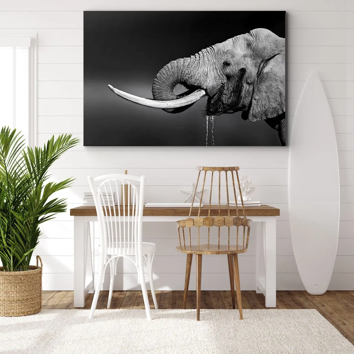 Schilderen op canvas - Zwart-witportret van een olifant in profiel - 70x50cm - Ja, goed nu - Moderne wanddecoratie voor woonkamer en slaapkamer ARTTOR