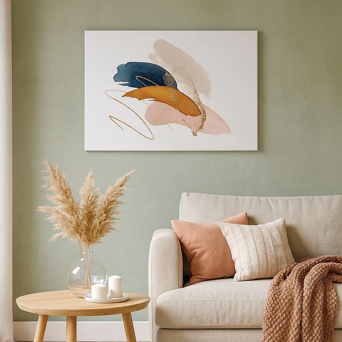 Schilderen op canvas - Abstracte penseelstreken in pastelkleuren met gouden accenten - 70x50cm - Gevleugelde compositie - Moderne wanddecoratie voor woonkamer en slaapkamer ARTTOR