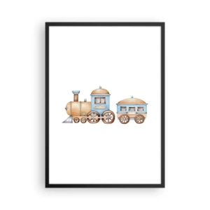 Poster in een zwarte lijst - Aquareltrein in tinten blauw en beige - 50x70cm - Hij staat op het station... - Moderne wanddecoratie voor woonkamer en slaapkamer ARTTOR