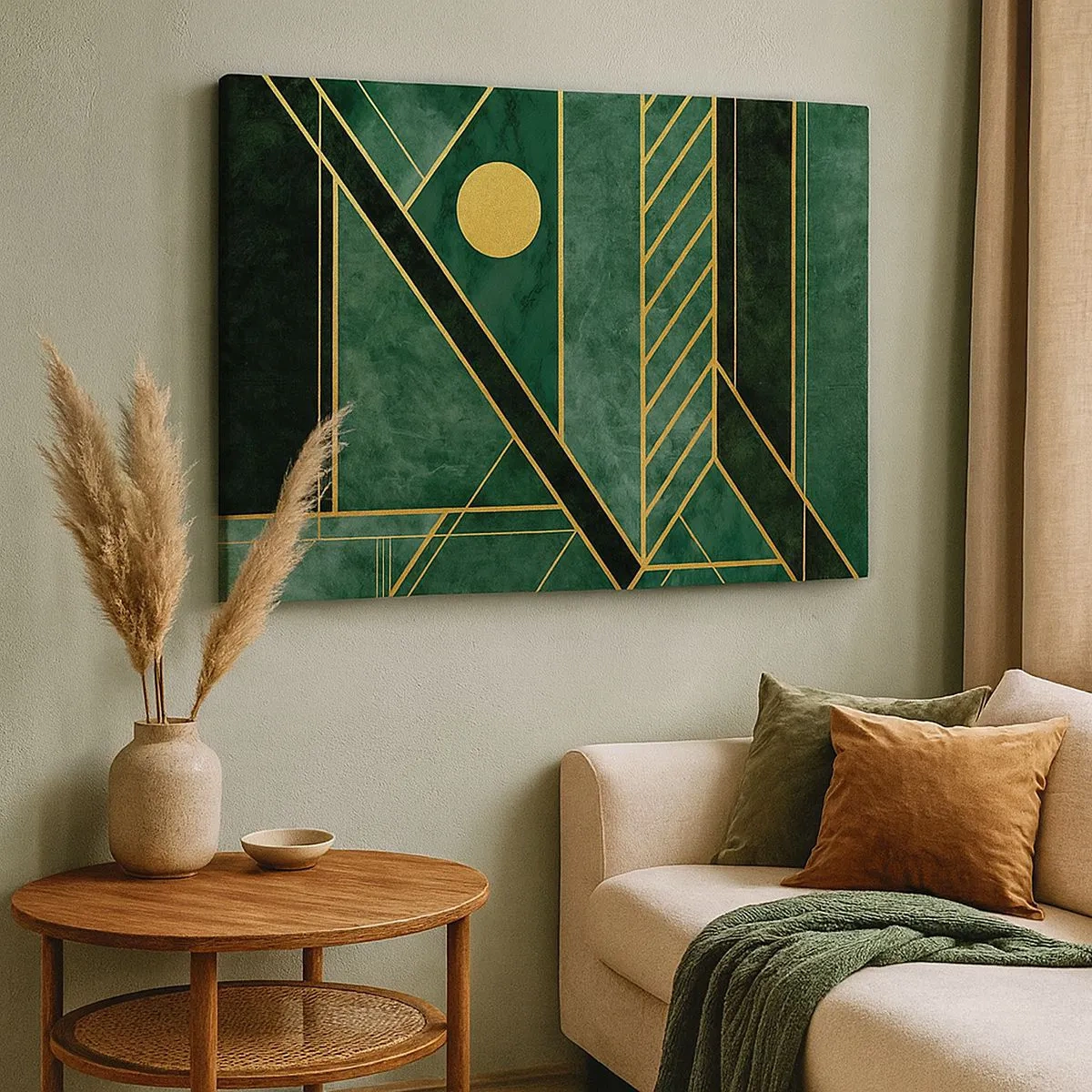 Schilderen op canvas - Groen en goud geometrisch ontwerp met een elegant patroon - 70x50cm - Dynamiek van goud en azuur - Moderne wanddecoratie voor woonkamer en slaapkamer ARTTOR