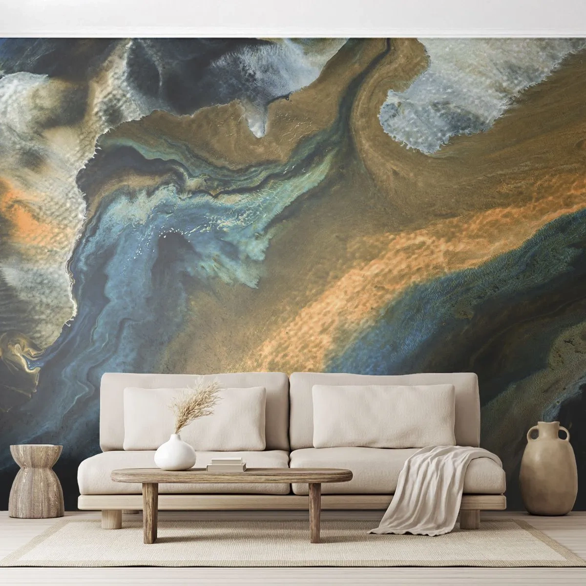 Fotobehang Premium Canvas - Blauw - geel - wederzijdse invloeden - Abstractie, Deel, Grafisch - 300x210 cm