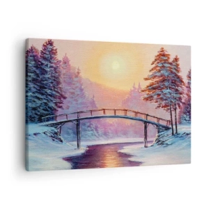 Schilderen op canvas - Winterlandschap met een brug verlicht door de zonsondergang - 70x50cm - Vier seizoenen - winter - Moderne wanddecoratie voor woonkamer en slaapkamer ARTTOR