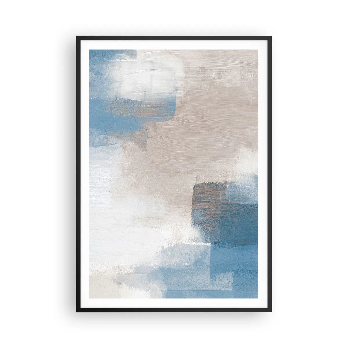 Poster in een zwarte lijst - Roze abstractie achter een blauw gordijn - 70x100 cm