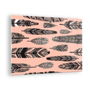 Schilderen op glas - Decoratieve veren met zwart-witte patronen op een roze achtergrond - 70x50cm - Indiase collectie - Moderne wanddecoratie voor woonkamer en slaapkamer ARTTOR