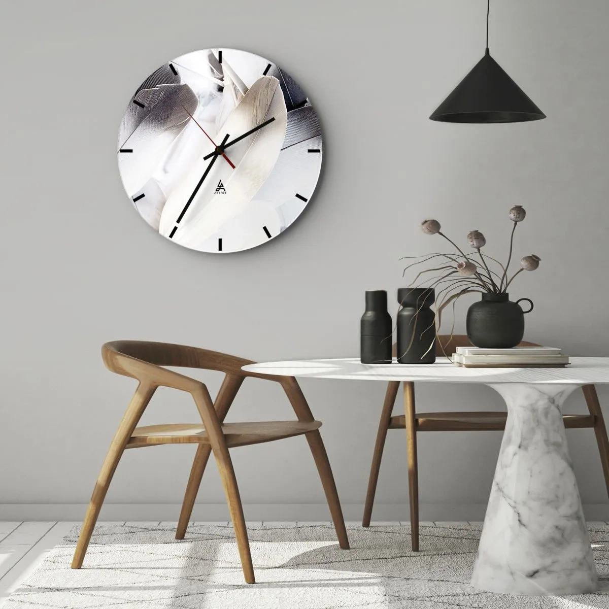 Wandklok - Klok - Delicate, heldere veren in een artistieke compositie - 30x30cm - Bijna engelachtig - Moderne wanddecoratie voor woonkamer, keuken en slaapkamer ARTTOR