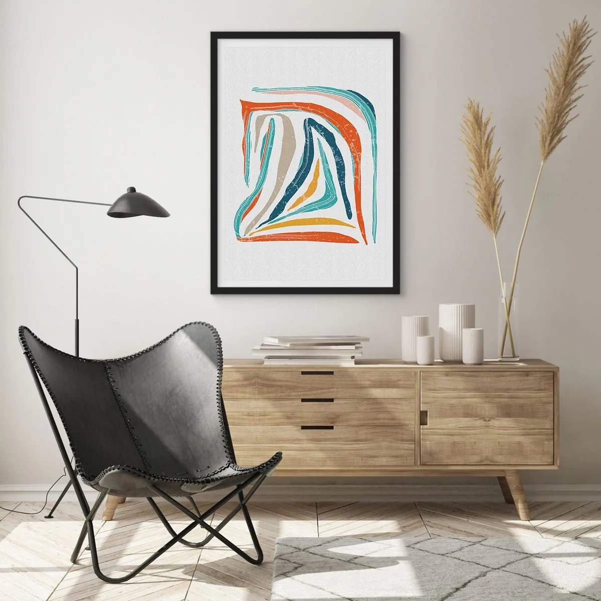 Poster in een zwarte lijst - Abstractie met een vriendelijke glimlach - 70x100 cm