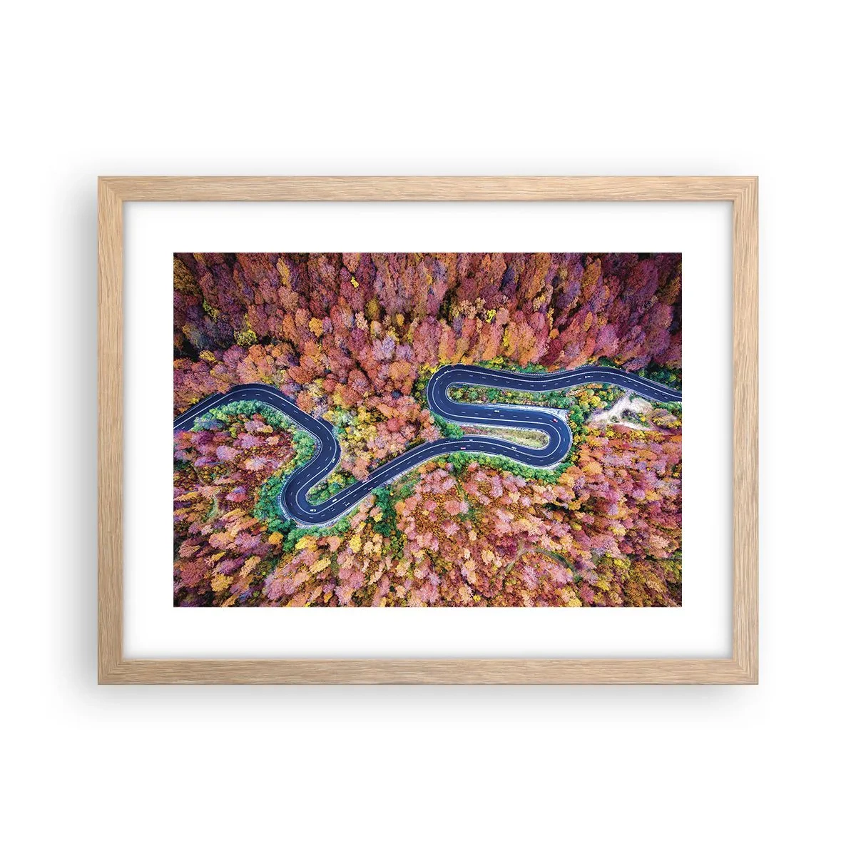 Een poster in een licht eiken lijst - Een kronkelende weg door het bos - 40x30 cm