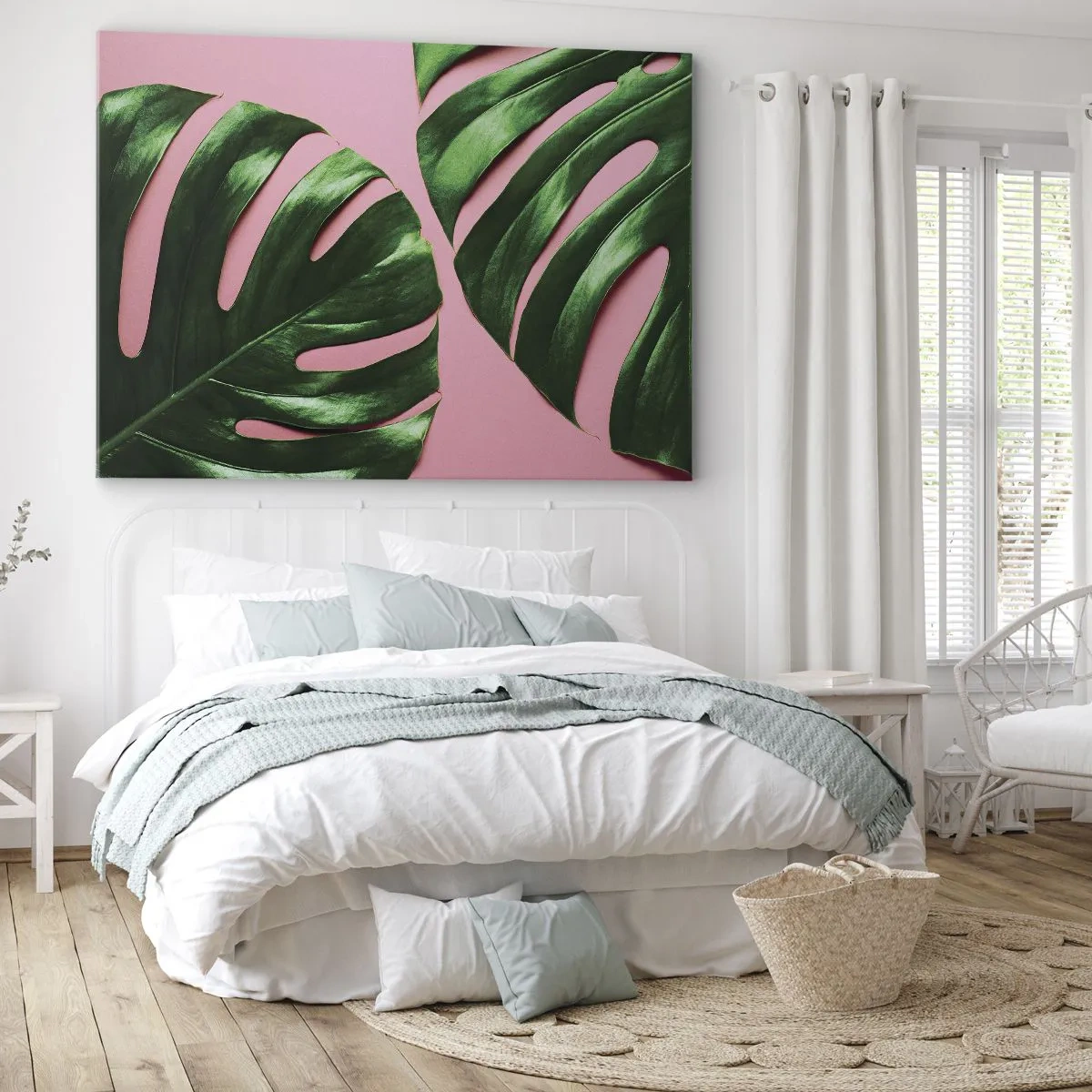 Schilderen op canvas - Groene monsterabladeren op een roze achtergrond - 70x50cm - Groene rendez-vous - Moderne wanddecoratie voor woonkamer en slaapkamer ARTTOR