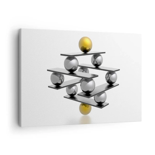 Schilderen op canvas - Geometrische compositie met metalen ballen en een gouden accent - 70x50cm - Goud-zilver balans - Moderne wanddecoratie voor woonkamer en slaapkamer ARTTOR