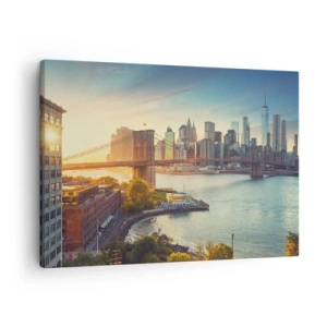 Schilderen op canvas - Panorama van de stad met de brug bij zonsondergang - 70x50cm - Dageraad in de grote stad - Moderne wanddecoratie voor woonkamer en slaapkamer ARTTOR